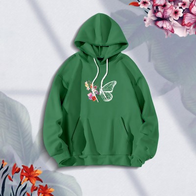 Premium Comfortable (Butterflies & Flowers-Green) Ladies winter hoodie